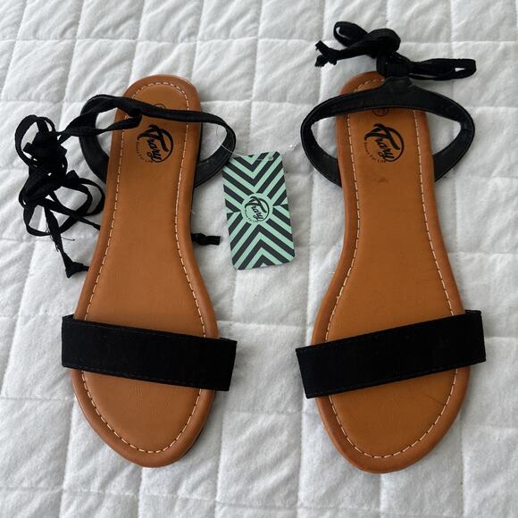 TRARY Sandals Womens 7.5 Black Strappy Ankle Wrap Up Flat Casual Beach Summer - Picture 1 of 10